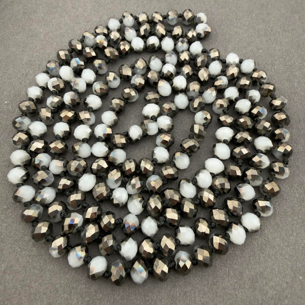 Faceted Beaded Necklace Gunmetal White‎ Hand Knotted Long Strand Opera Style